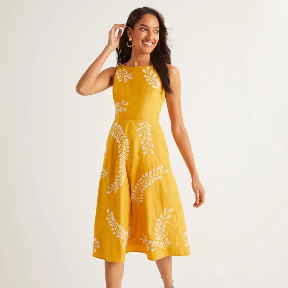 Boden Yellow Midi Dress with White Leaf Pattern
